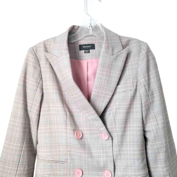Yiner Plaid Double Breasted Blazer Pink Buttons Notched Lapel Long Sleeves Small - Picture 2 of 9